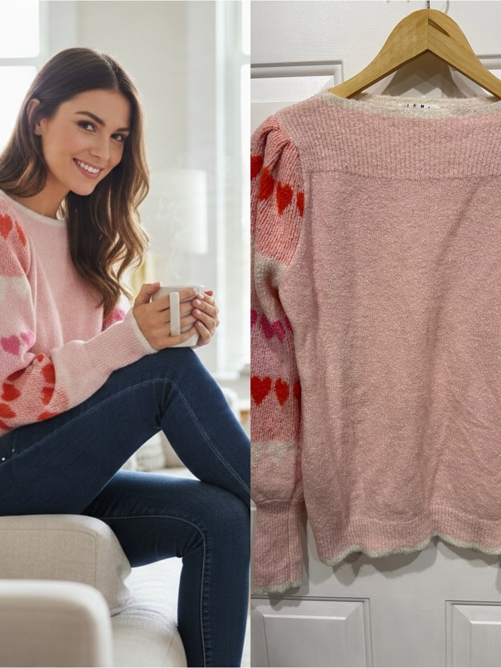 THML Women’s Medium Pink Heart Print Puff Sleeve Sweater Valentine’s Day